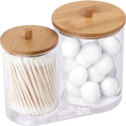 2PCS Bamboo Cover Cotton Swab Storage Box Makeup Remover Cotton Box Transparent Storage Tank Acrylic Dustproof Box