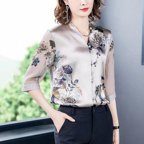 2021 Casual Office Print 3XL Plus Size Shirt Elegant Bodycon Blouses Spring Vintage Florla Mulberry Silk Satin Tops and Blouses