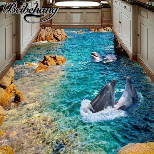 Beibehang Modern sticker 3D floor mural HD stone dolphin coast non-slip waterproof thickened self-adhesive PVC floor painting