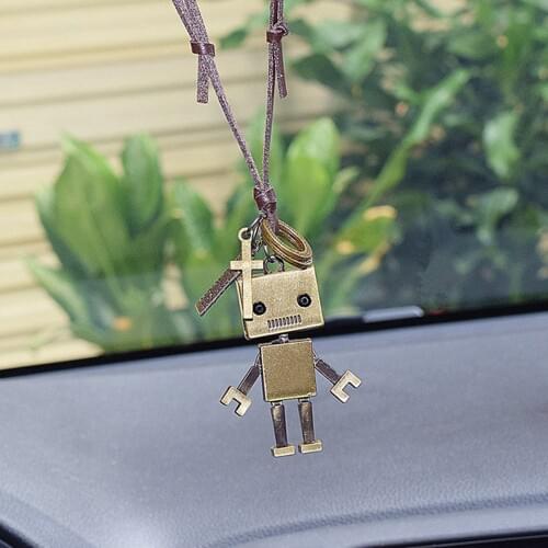 Car Ornament Pendant Retro Square Robot Leather Rope Cartoon Decoration Auto Interior Rearview Mirror Decoration Accessory Gift
