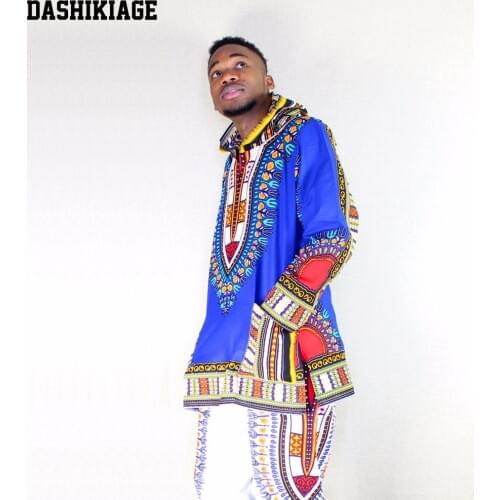 Dashikiage Pure Cotton African Dashiki Hoodie Hippie Shirt Boho Caftan Blouse Blue Top Unisex Housecoat