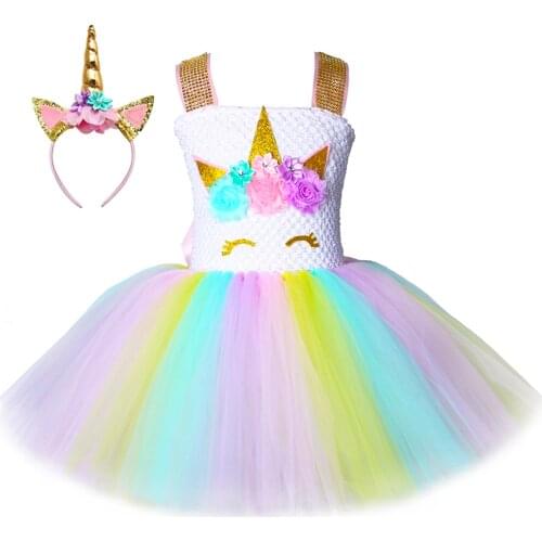 Children Girls Unicorn Tutu Dress Rainbow Princess Kids Birthday Party Dress Girls Christmas Halloween Pony Cosplay Costume 1-14