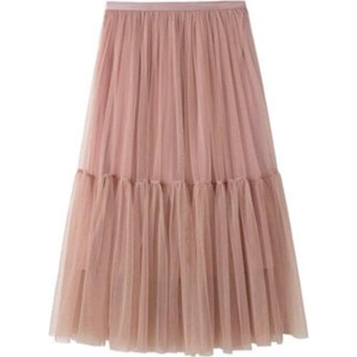 Long Mesh Tiered Skirt 8 Colors Layered Ruffle Elastic Waist Skirts Tulle Fold for Woman Formal Beach Travel Vintage Skirt 2021