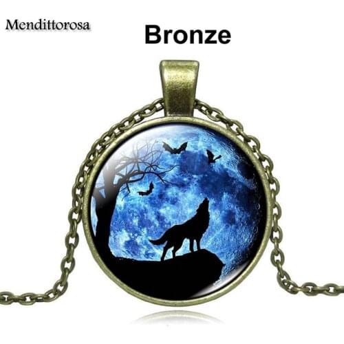 Mendittorosa Moon Wolf Howling Vintage Jewelry Silver Color Glass Cabochon Necklace Pendant For Women Wedding