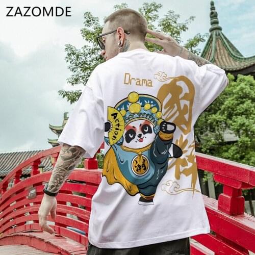 ZAZOMDE Fashion Men Chinese style T-Shirts Short Sleeve Cartoons Panda Print Men Beijing opera Loose Short Sleeve T-Shirt M_5XL