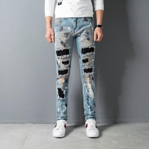 2021 New Fashion Streetwear Retro Blue Dirty Wash Painted Designer Patchwork Punk Denim Trousers Hip Hop Destroyed Ripped Pants