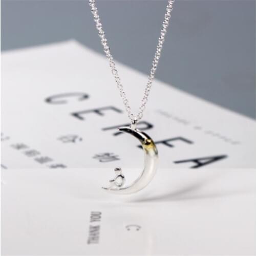 New Korean Style Fashion Moon And Star 925 Sterling Silver Jewelry Personality Child On The Moon Clavicle Chain Necklaces H487