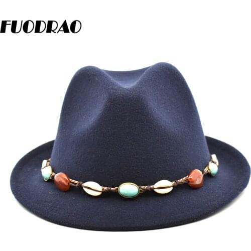 FUODRAO Solid Color Classic Women Cowboy Hats Wool Fedoras Men Black Wide Brima Jazz Caps Vintage Chapeau Femme F44