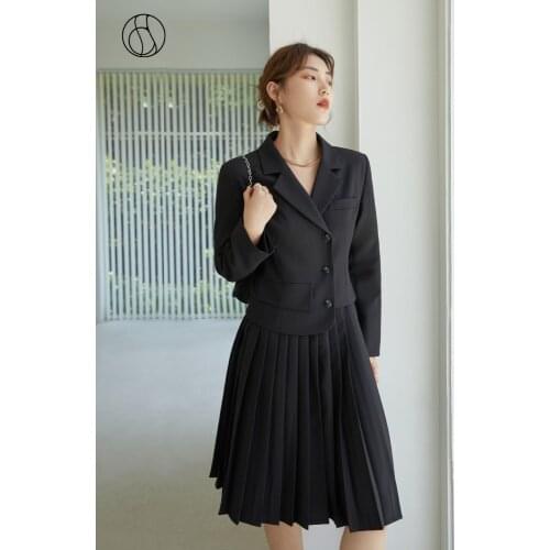 DUSHU Autumn Dress Women Suit Pleated Dress Black Irregular Suit Dress Simple Slim Office Midi Skirt Classic Collage Lady Dress