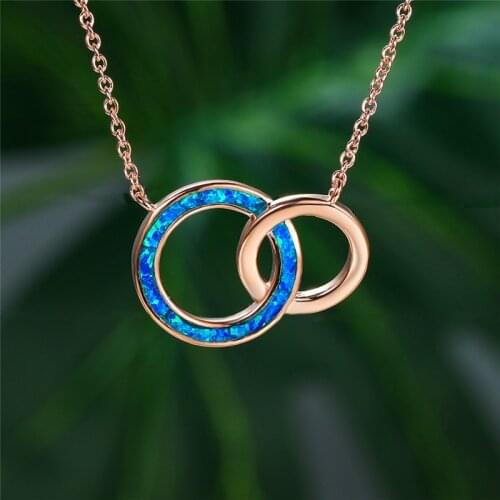 Rose Gold Silver Color Chain Necklace Trendy Hollow Round Wedding Necklace White Blue Opal Handcuffs Pendant Necklaces For Women