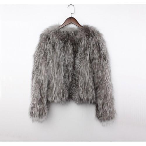 Imported Raccoon Fur Coat Female Brand Handmade Woven Long Sleeve Europe Style Short Round Neck Tide Contrast Color Chamarras