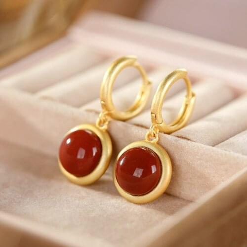 S925 Sterling Silver Natural Hetian Jade South Red round Earrings Simple Personality Fashionable Earrings Non-Fading Ornament