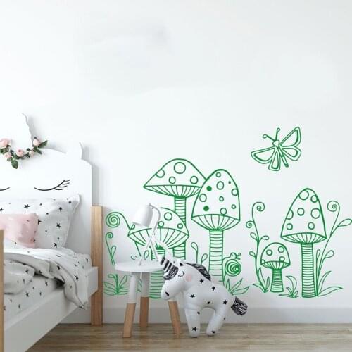 Cartoon Woodland Mushroom Butterfly Wall Sticker Baby Nursery Kids Room Jungle Mushroom Wall Decal Kitchen Playroom Vinyl