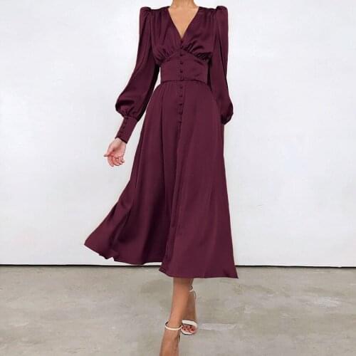 Satin Smooth Womens Dress Elegant V Neck Puff Sleeve Waisted Ankle Length Long Sleeve Female Dress Evening Midi Dress 2021