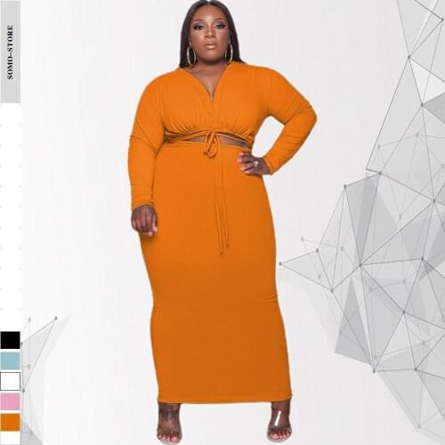 Autumn Plus Size Sexy Outfit Fashion Deep V Neck Solid Color Lace-up Long Sleeve Women Long Dress Casual Wholesale Dropshipping