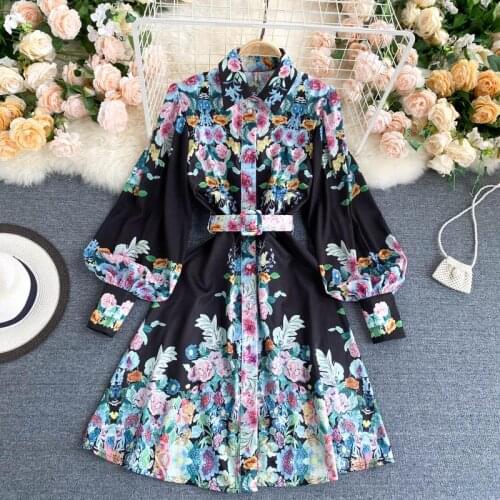 Womens Spring Summer Runway Fashion Vintage Floral Print Dress Female High Waist ChicTravel Beach Party Dress TB1908