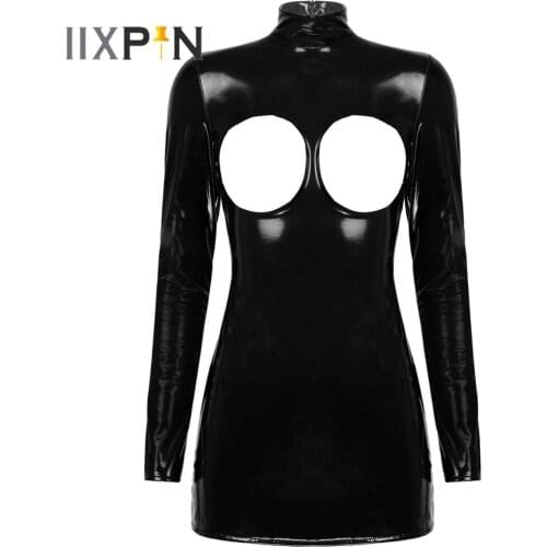 Womens Lingerie Bare Breast Bodysuit Wet-Look Patent Leather Stand Collar Erotic Sexy Zipper Mini Dress Sex Cosplay Costume