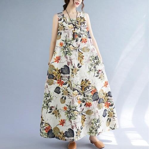 Sleeveless Beach Style Dress 2021 New Arrival Loose Summer Dress Cotton Linen Print Floral Vintage Women Travel Casual Dress