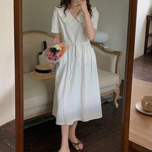 White Peter Pan Collar Summer Dress Women Kawaii Vintage Long Midi Dress French Lace Up Party Dress Elegant Pockets Cotton