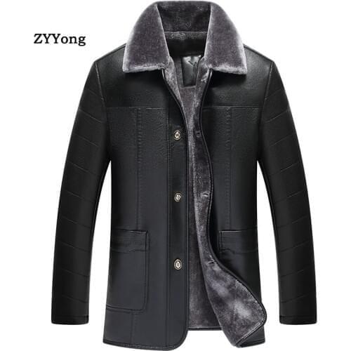Winter Black Long Fleece Parka Coat Men Leather Jacket Overcoat Plus Velvet Warm Fur Collar Soft PU Business Outwear Windbreaker