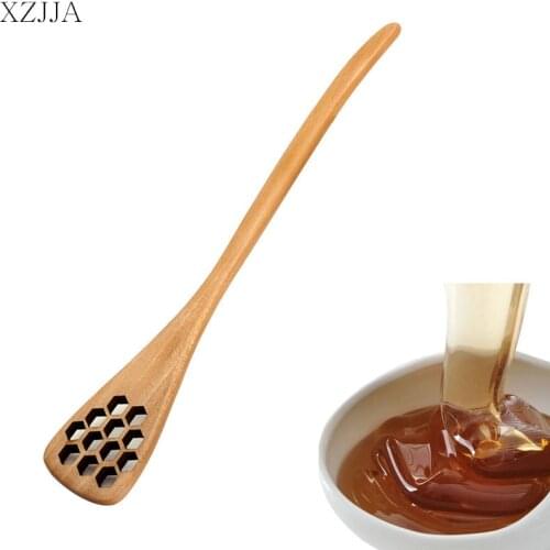 XZJJA 2PC Long Handle Wooden Spoons Natural Creative Honeycomb Shape Honey Mixing Stick Dipper Kitchen Coffee Stirrer Tableware