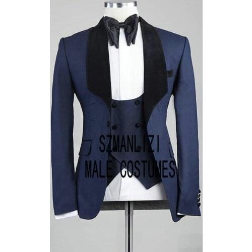 2020 Navy Blue Italian Design Mens Wedding Suits 3 Pieces Black Velvet Lapel Groom Suits For Men Groom Tuxedos Groomsmen Suit