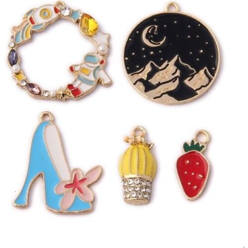 Free Shipping 30pcs/Lot Gold Tone Enamel Alloy Charms Fashion Women High Heel Shoes Fruit Round Mountain Floral Circle Pendants