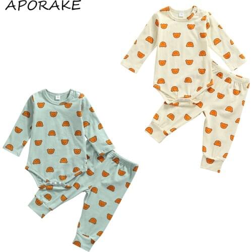 2021 0-24M Kids Baby Casual Clothing Boys Girls Cartoon Bear Print Round Neck Long Sleeve Romper+Long Pants Cotton Home Outfits