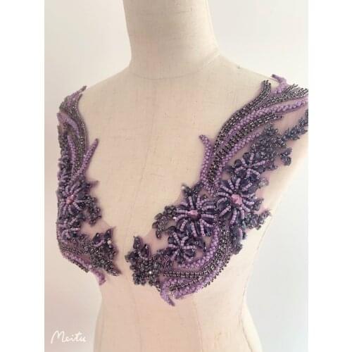 Purple French Bead Applique Crystal Bodice Patch Heavy Bead Applique For Couture WK201212