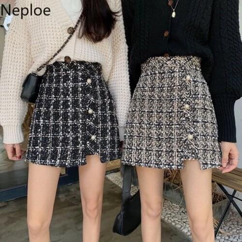 Neploe Office Lady Skirts Womens 2021 Woolen Plaid A-line Bodycon Faldas De Mujer Single Breasted High Waist Slim Fit Mini Skirt