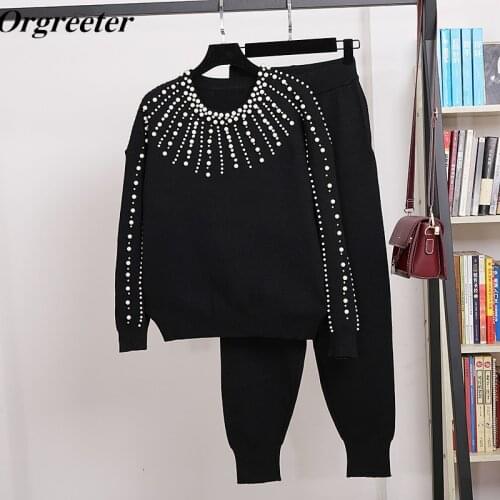 Autumn Winter Sweaters Pants Suits Beading Diamond Knitted Pullover Tops + Pants 2 Piece Sets Tracksuits Womens Clothing