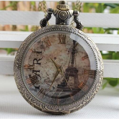 New Antique Eiffel Tower Rome Number Quartz Pocket Watch Necklace Pendant men and woman gift