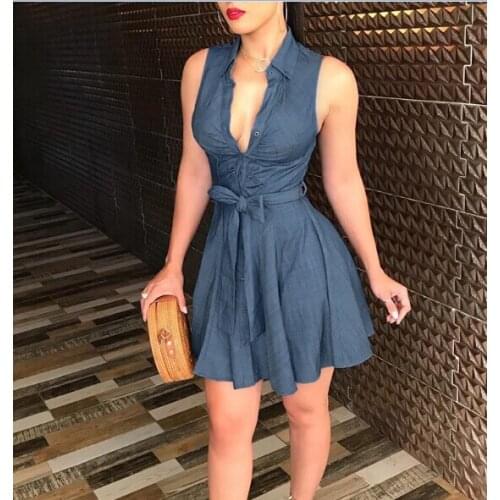 Summer Fashion Womens Sleeveless Denim Deep V Neck Dress Sashes Empire Short Party Mini Dresses Sexy Bodycon Club Wear Vestido