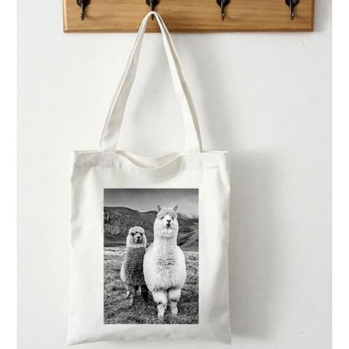 Cute Alpaca Female Shopping Handbags Canvas Large Capacity Bag Shoulder Bags Kawaii Cartoon Vintage Casual Teacher Handbag