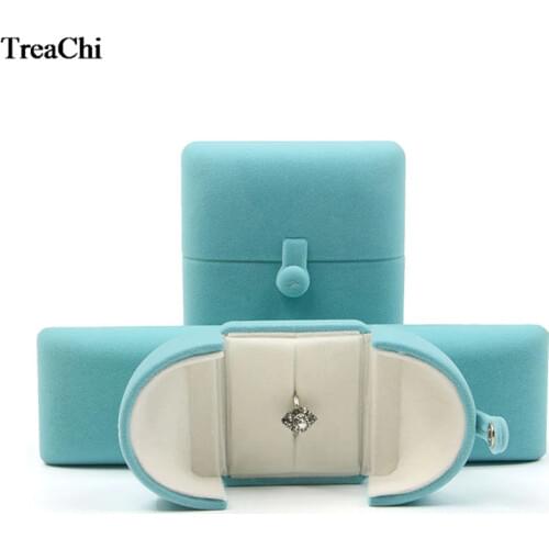 Fashion Shy Blue Engagement Jewelry Box Velvet Double Open Button Lid Ring Bracelet Case Pear Necklace Earring Storage Gift Box