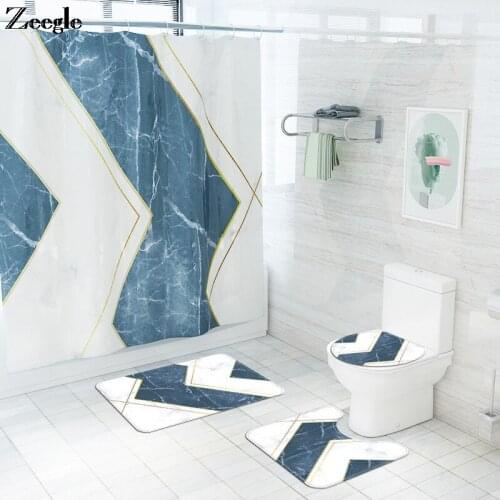 Marble Printed Bath Mat and Waterproof Shower Curtain Set Polyester Shower Curtain Set Memory Foam Toilet Mat U-Shaped Rug