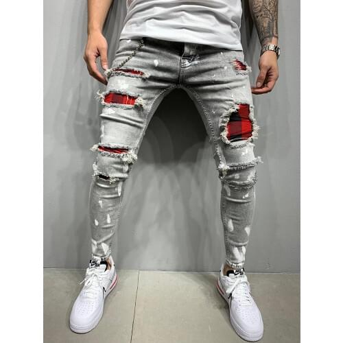 Men Oil Paint Ripped Jeans High Quality Skinny Man Denim Pencil Pants Biker Jogging Hip-Hop Cowboy Trousers Free Shipping