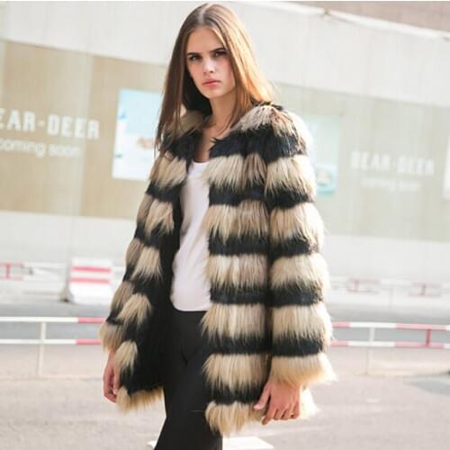 New 2018 women winter faux fur coat Europe and America fashion stripe fox fur jacket Warm mixed colors luxurious fur coats