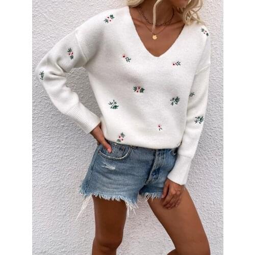 Autumn Floal Printing Knitted Sweaters V-Neck Pullover Tops Loose Cardigan Womens Sweater 2021