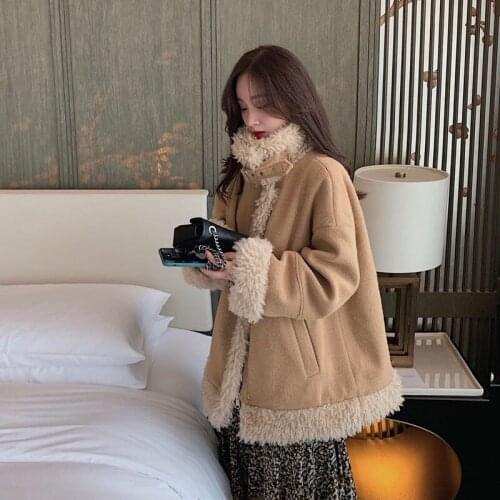 Faux Fur Coat Women Winter Thick Warm Soft Fleece Jacket Pocket Zipper Outerwear Loose Color Contrast Overcoat Lamb Coats