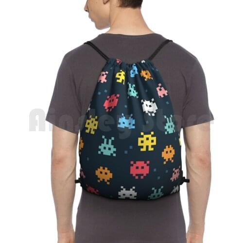 Pixel | Pixel Monsters Backpack Drawstring Bags Gym Bag Waterproof Retro Space Space Invaders Arcade Invaders Game Geek