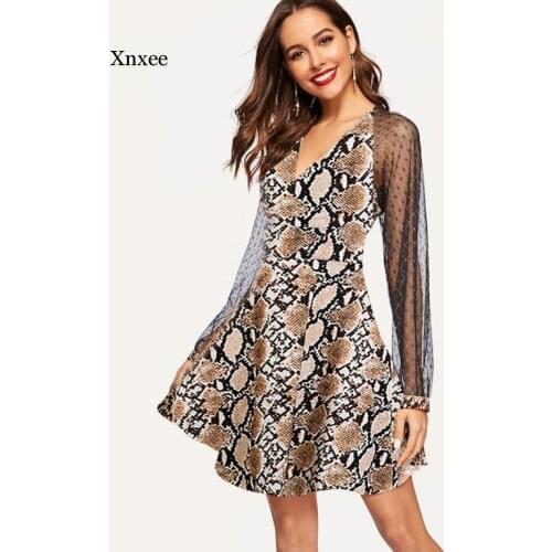 Snake Skin Print Lace Splicing V Neck A-Line Mini Dress Belt Slim Elegant Spring Autumn Women Sexy Bodycon Party Dresses Clothes
