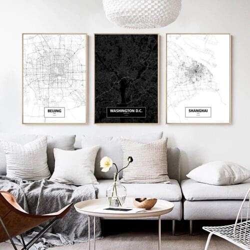 Simple Black And White City Line Map Beijing Shanghai Washington Canvas Painting Art Print Poster Picture Wall Home Decoration