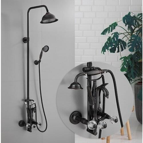 Bath Shower Faucets Black Oil Swan Bathtub Faucet Round Tube Single Handle Top Rain Shower With Slide Bar Wall Water Mixer Taps