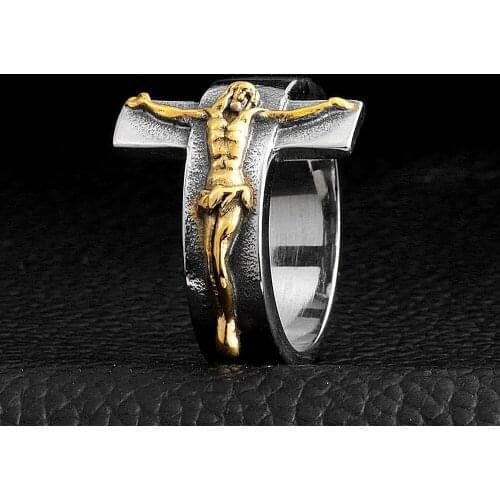 Vintage God Jesus Cross Titanium Steel Skull Biker Gothic Punk 316L Stainless Ring For Men Retro Male Design Round Bands Rings