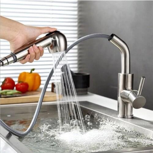Pull Out Kitchen Sink Faucet 304 Stainless Steel Brushed Contemporary Pull Down Cold Hot Water Spray Tap Kitchen Mixer Crane