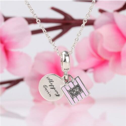 Bewill Shopping Bag Charm S925 Sterling Silver Epoxy New Shopping Queen Pendant Crown Charm