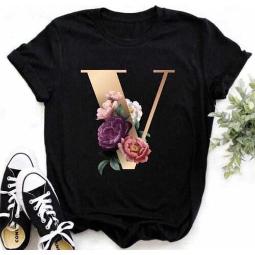 Ladies customized name monogram T-shirt high-quality printed T-shirt floral print short-sleeved clothes A B C D E F G