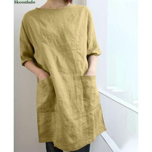 Women solid summer linen dresses good quality round neck linen female dress elegant simple cotton clothes healthy material nice