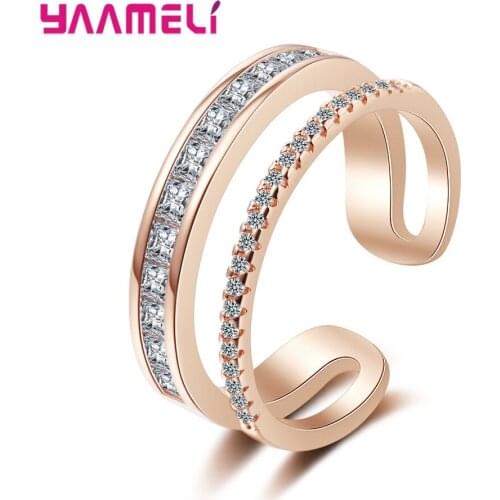 Delicate Double Layer Cubic Zirconia Finger Ring 925 Sterling Silver Adjustable Open Size Ring for Women Bridal Wedding Jewelry